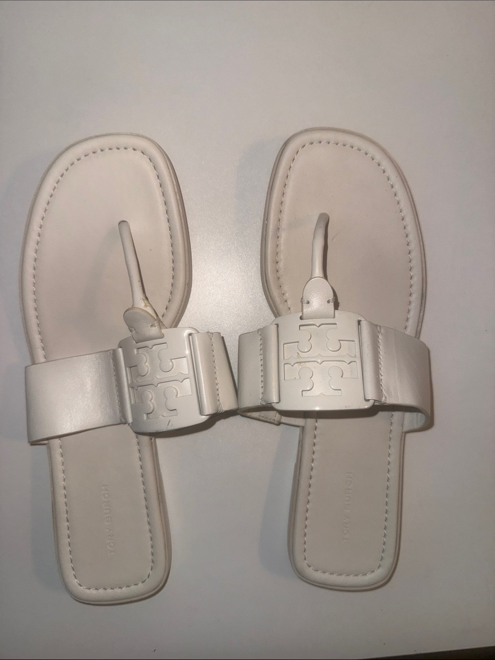 Tory Burch White Leather Logo Thong Sandals
